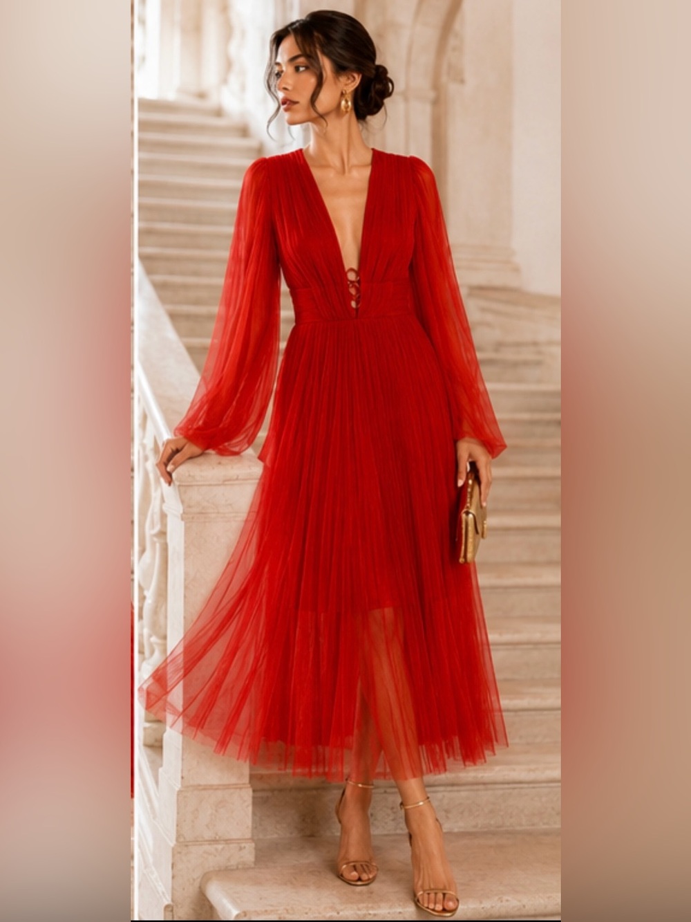 NWT Maria Lucia Hohan Red Pleated Tulle Midi Dress Deep V Ring Detail Size 8